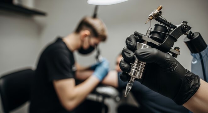 Tattoo artist focusing on intricate design in studio with tattoo machine in foreground. concept of artistic expression, professional tattooing, creative process, copy space
