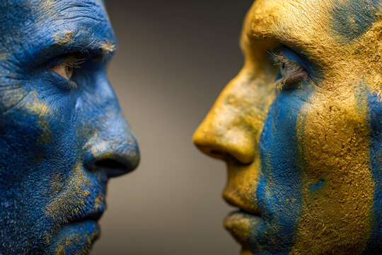 Portrait of two faces painted with vivid blue and gold colors facing each other in intense eye contact against a neutral background for creative expression