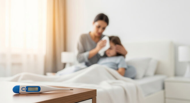 Woman nursing sick child in bed with digital thermometer on table. Mother caring for unwell kid with fever at home. Healthcare concept for family treatment, viral infection, flu or cold symptom