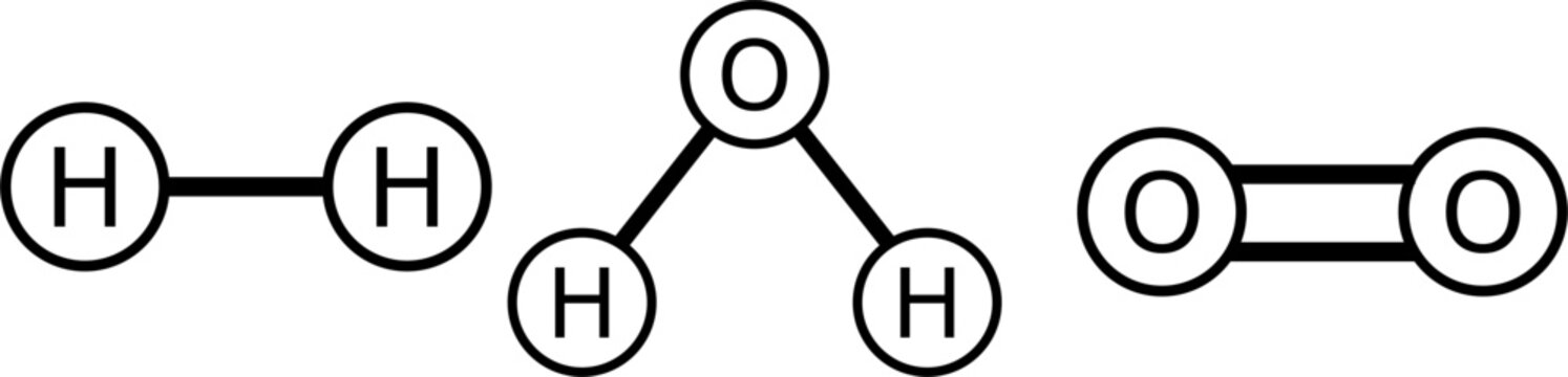 set of 3 molecules Molecules of hydrogen, water and oxygen. Chemical structural formulas as vector icons.