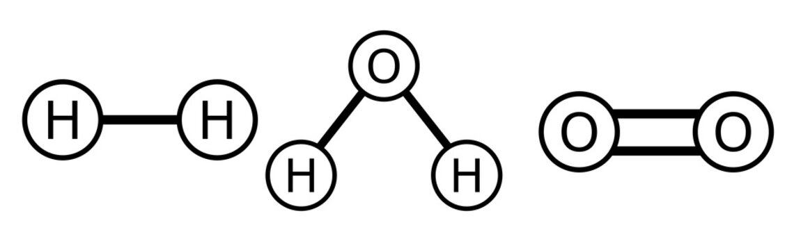 set of 3 molecules Molecules of hydrogen, water and oxygen. Chemical structural formulas as vector icons.