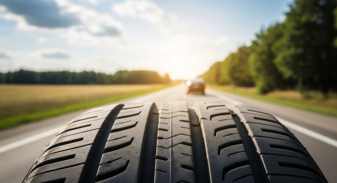 Close-up of tire treads on highway with car at sunset. concept of road safety, driving, and automotive technology, copy space