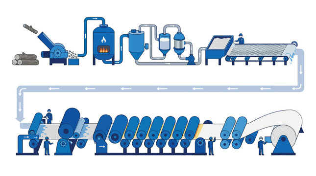 Industrial paper manufacturing process featuring automated log processing and fiber transformation machinery presented in a flat vector style with a blue color scheme for operation