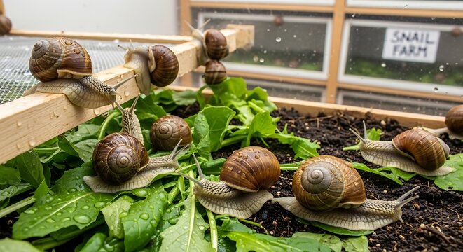 Brown Garden Snails Crawling on Fresh Green Leaves in Indoor Snail Farm