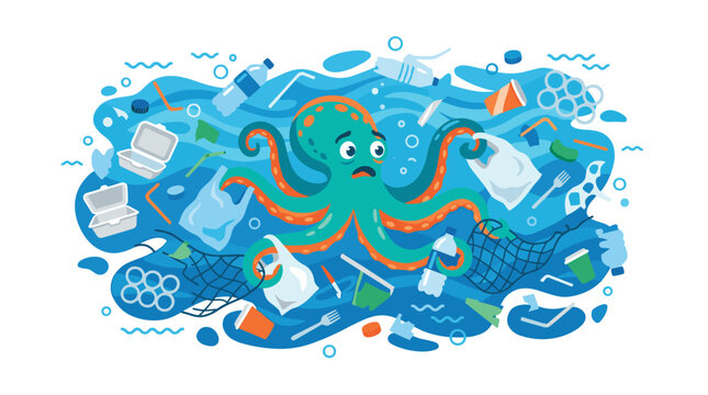 A distressed cartoon octopus entangled in plastic waste and nets floating in a polluted blue ocean environment.