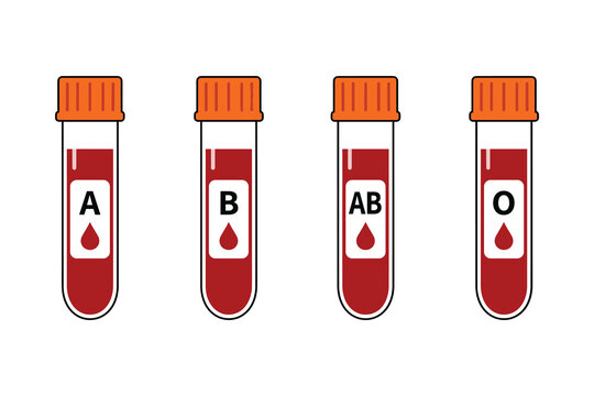 Four blood type test tubes with orange caps and red liquid on white background.