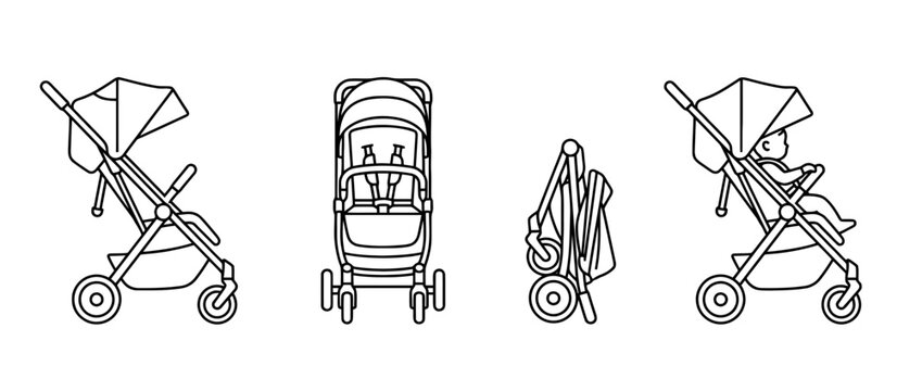 This image features various styles of baby strollers in black lineart, showcasing different designs and functionalities intended for parents and caregivers.