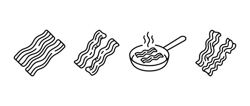 This image depicts the cooking process of bacon in a pan using simple black lineart style, capturing the essence of preparing a delicious breakfast item.