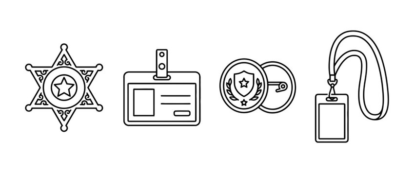 This image features various police badges and IDs in simple black lineart style, emphasizing themes of authority, security, and identification.