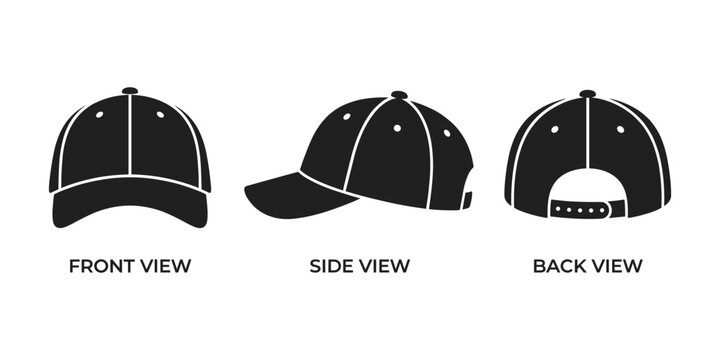Baseball cap front side back view, sports hat fashion accessory.
