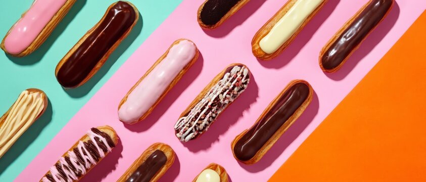 Assortment of colorful eclairs arranged on a vibrant geometric background