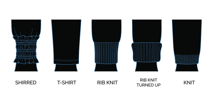 Various shirt cuff styles shirting rib knit and t-shirt hem designs.