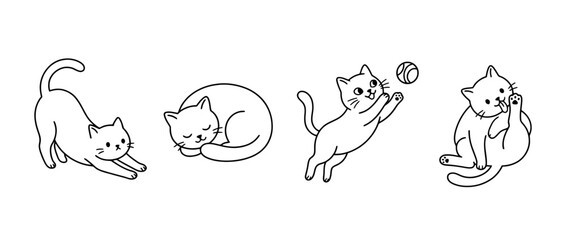Obraz premium This image showcases playful black lineart cats in various poses such as stretching, sleeping, and playing, highlighting their charm and whimsical nature.