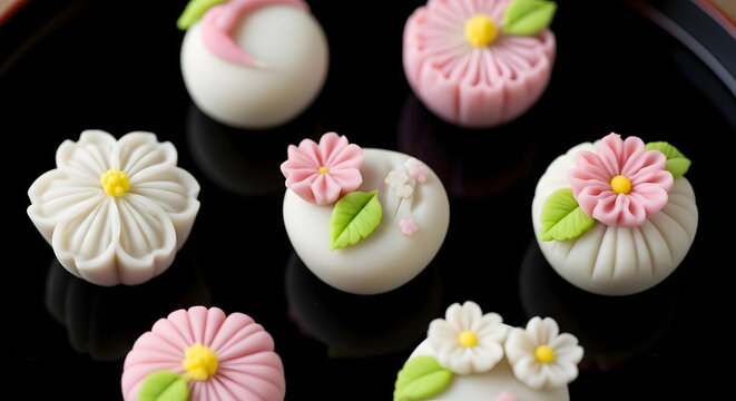 Assorted japanese wagashi sweets shaped like flowers arranged on a dark black lacquer tray