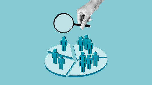Market segmentation and audience analysis concept, magnifying glass selecting target group from pie chart, customer segmentation, marketing strategy, data analysis and business targeting