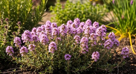 Obraz premium Vibrant Purple Thyme Flowers Blooming in Sunny Garden Bed