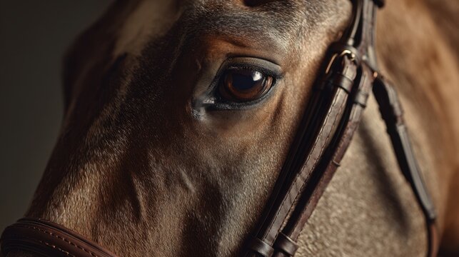 Detailed profile of a brown horse?s eye and leather bridle highlighting the texture and expression against a dark background in warm lighting