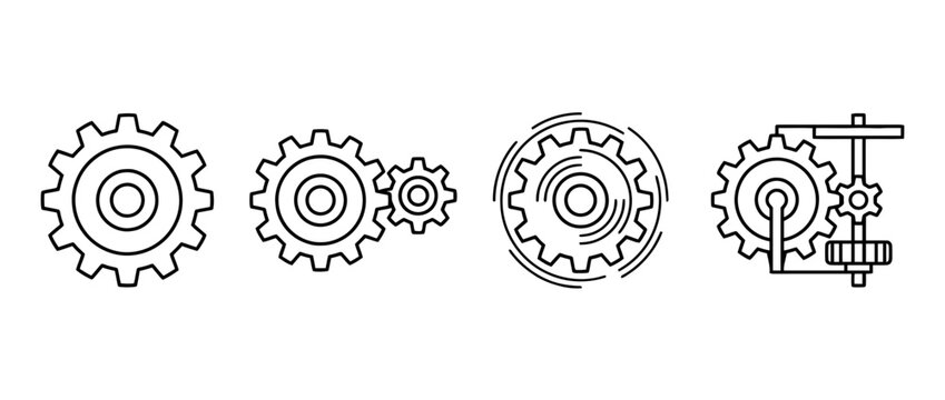 This line art illustration presents a set of interlocking gears, representing mechanical movement and collaboration in a clear, simplified aesthetic.