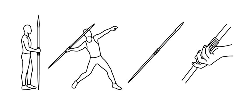 This image captures the essence of spear throwing with simple black lineart, illustrating poses and techniques for training and athletic prowess in sport.