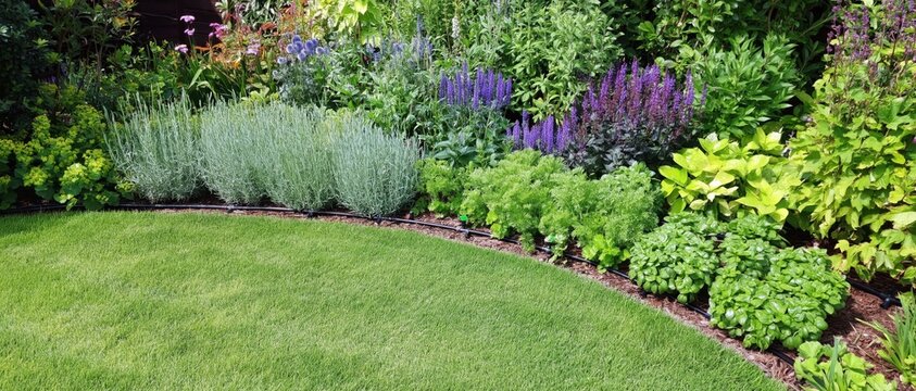 Lush garden bed with diverse plants and visible drip irrigation system