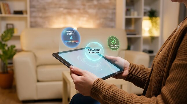 person using tablet with smart home interface