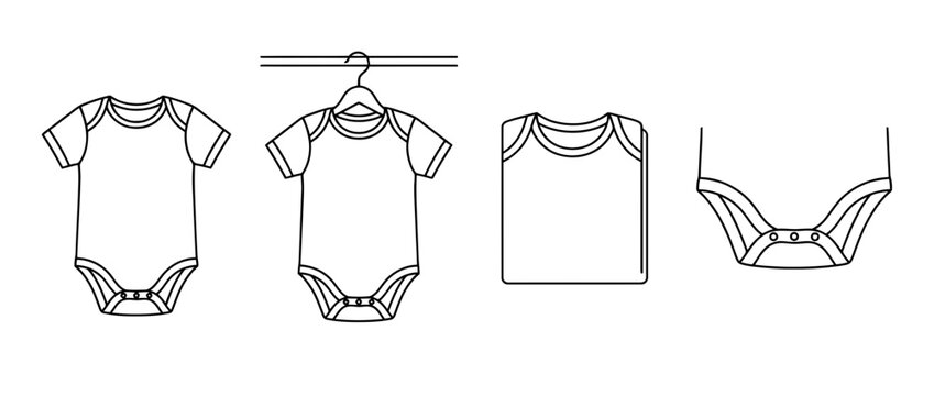 This image presents a collection of baby clothing in minimal black lineart, highlighting their designs and practical aspects for infants and parents alike.