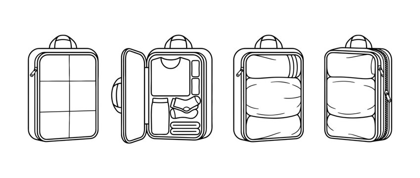 This image features simple black lineart of suitcases in various states, depicting closed, open, and organized compartments for travel essentials.