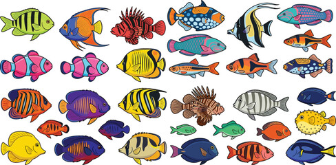 Fototapeta premium Exotic Tropical Fish Collection with Colorful Marine Aquarium Species Hand Drawn Sea Life Vector Illustration Set