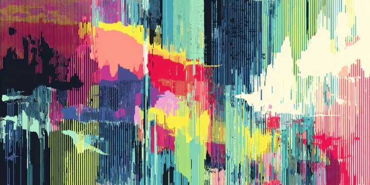 Abstract digital glitch art, vibrant vertical stripes, fragmented pixels, energetic modern aesthetic
