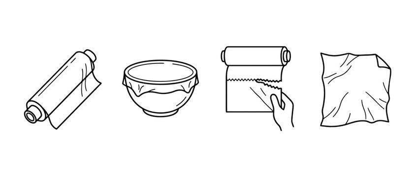 This image showcases a lineart style illustration of plastic wrap and a bowl, emphasizing food preservation and kitchen contents in a minimalist artistic representation.