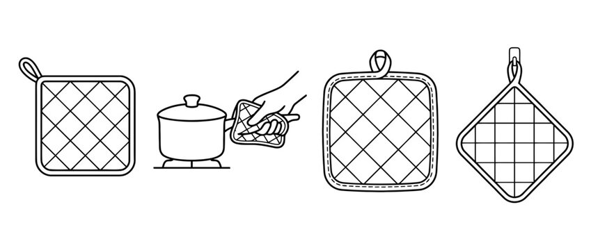 This image features simple black lineart of a pot holder in action, accompanied by kitchen utensils and essentials emphasizing culinary safety and function.