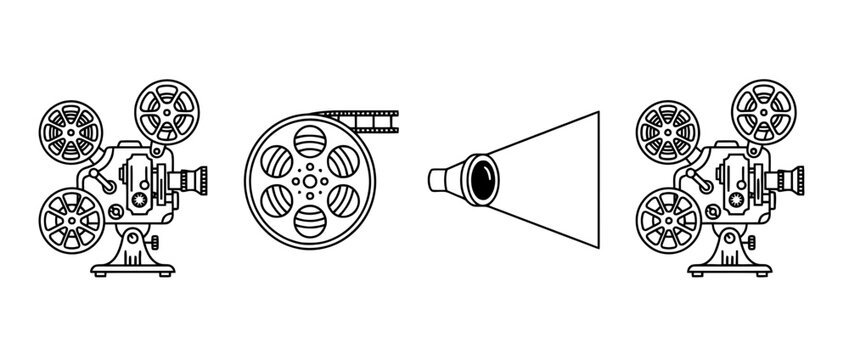 This image illustrates a classic film projector with a reel, film strip, and light source, showcasing a vintage style and representation of cinematic art.