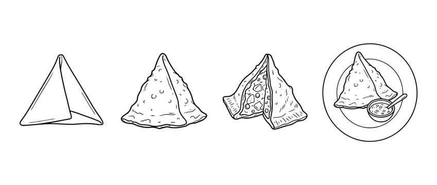 A delightful black line art illustration of samosas served with a dip, representing traditional snacks and cultural culinary delights in a minimalistic approach.