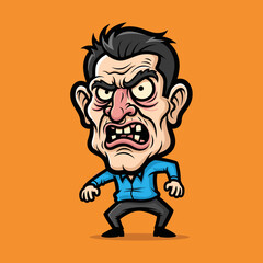 Fototapeta premium Angry cartoon character screams with wild eyes and bared teeth. His fists clenched, stance shows intense rage. Orange background highlights exaggerated facial expression. Ideal for comic, game