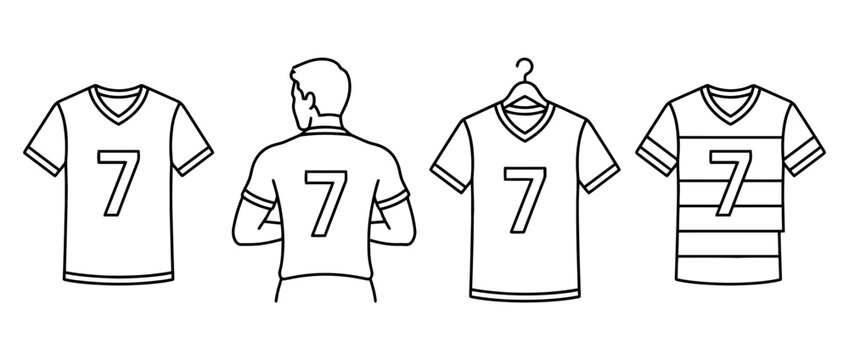 This image showcases different styles of jerseys with numbers through simple black line art, focusing on sports fashion and identity.