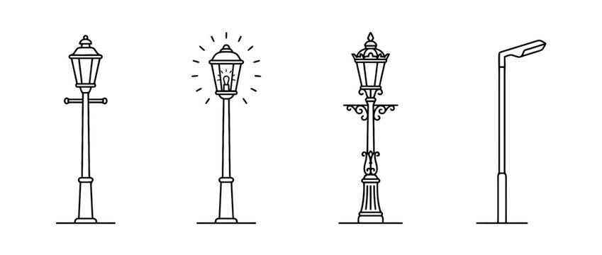 This illustration features a variety of elegant black lineart designs of street lamps, showcasing their unique styles and artistic flair in minimalist representation.