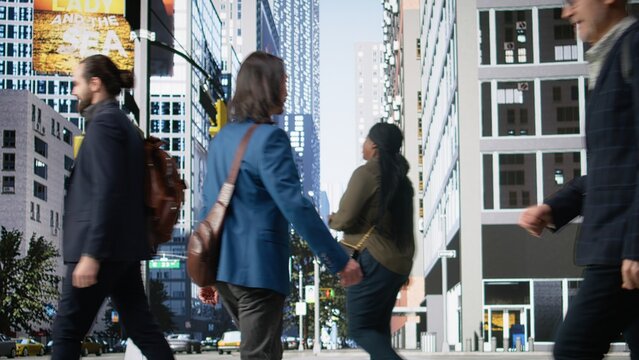 Pedestrians group minding routine and lifestyle in business district streets, multicultural adults walking with purpose, modern city lifestyle and dynamic urban activity. Camera A.