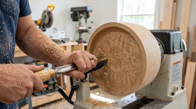 Woodworker using a gouge chisel on a spinning wood lathe to hollow out a wooden bowl blank