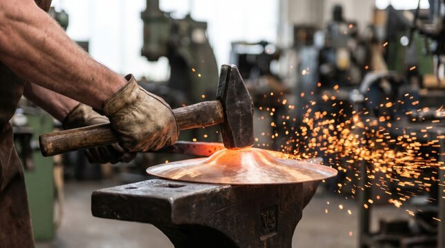 Blacksmith using a heavy hammer to forge a glowing hot piece of metal into a cymbal on an anvil