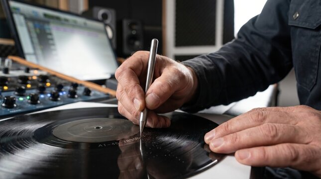 Audio engineer using a sharp stylus to manually engrave an identification matrix number into the runout groove of a vinyl record master