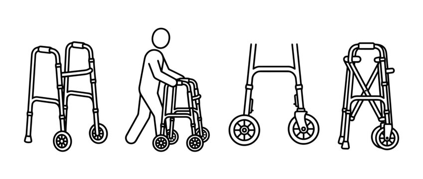 Illustration of a person using a walker, showcasing mobility assistance and independence through simplistic black line art in a clear and relatable manner.