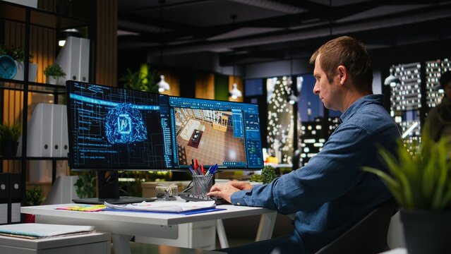Expert developer using AI neural networks on 3D modeling program to design a new apartment floor plan, virtual assistant helps with furniture and layout on architectural software. Camera A.