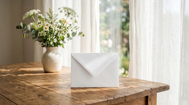 White envelope on wooden table, bright window light.