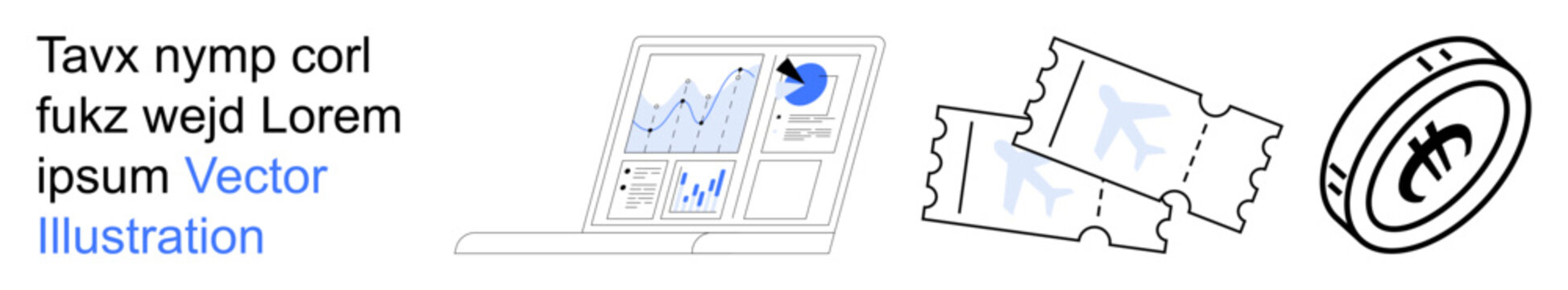 Data visualization, blockchain transactions, ticketing systems, market analysis, cryptocurrency, fintech. Laptop with charts, digital tickets coin with blockchain symbol. Data visualization