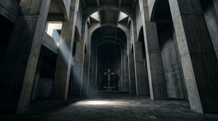 Naklejka premium Concrete church interior with cross and dramatic light beam shining through arches