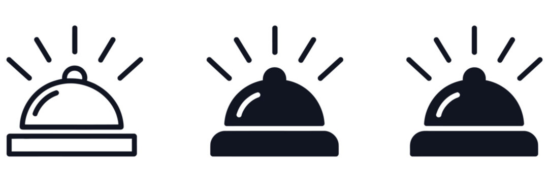 Bell icon featuring hotel service bell and reception call symbol with sound waves and ringing lines, notification alert and assistance request vector