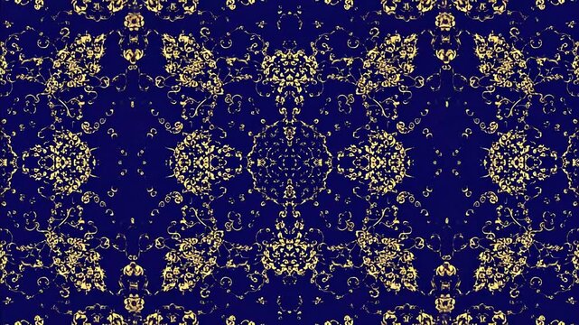 Intricate gold patterns on blue background.