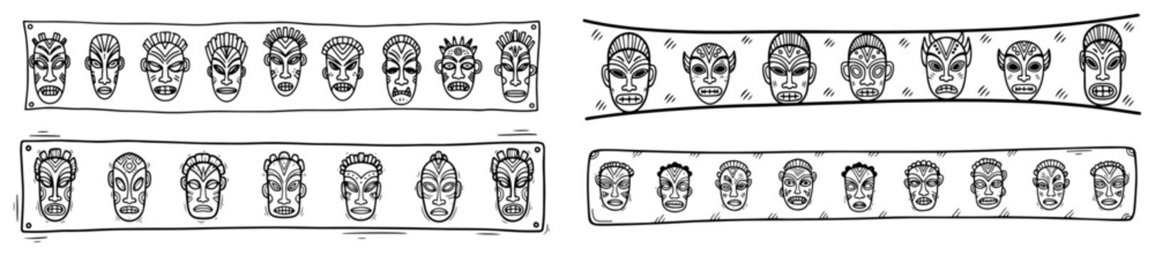 African tribal masks in rectangular decorative frames and borders hand drawn sketch style