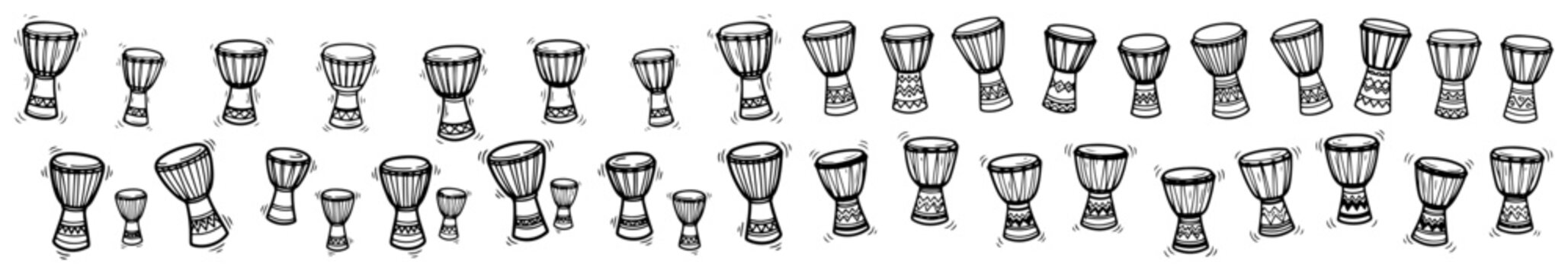 African djembe drums collection in hand drawn doodle style