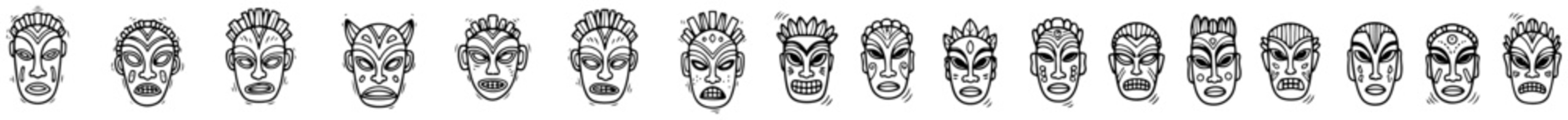 Tribal ritual masks and ethnic faces repeating in a horizontal row hand drawn doodle style